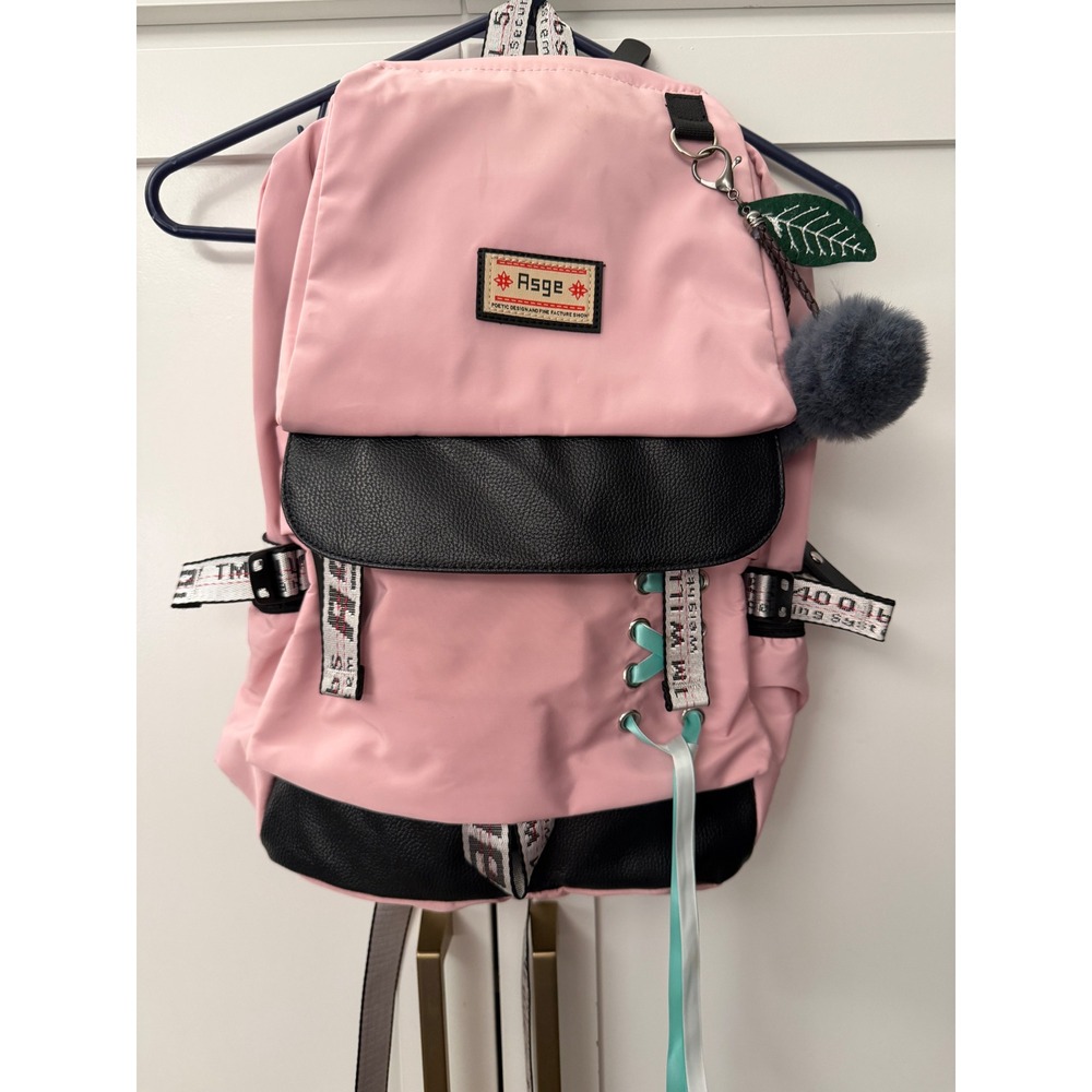 Asge Pink Black Nylon Backpack Harajuku Industrial Strap Lace Up School Bag NEW
